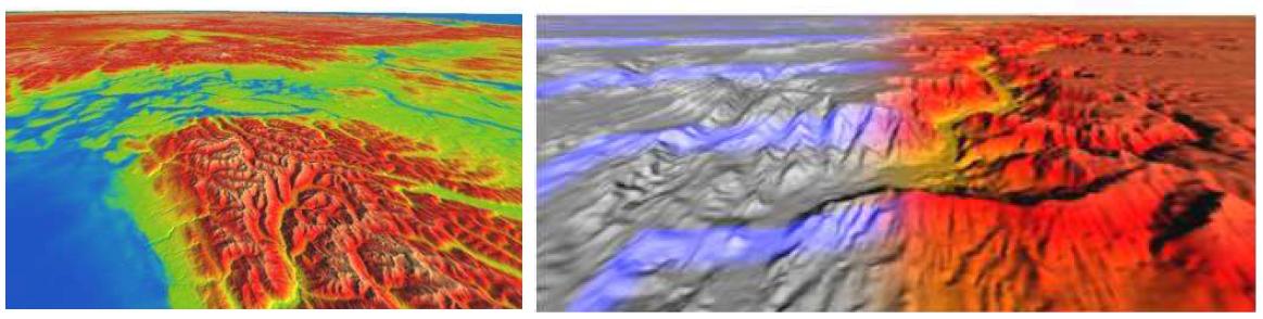 Geometry Clipmaps 방법을 이용하여 40GB 용량의 지형을 렌더링한 결과 영상