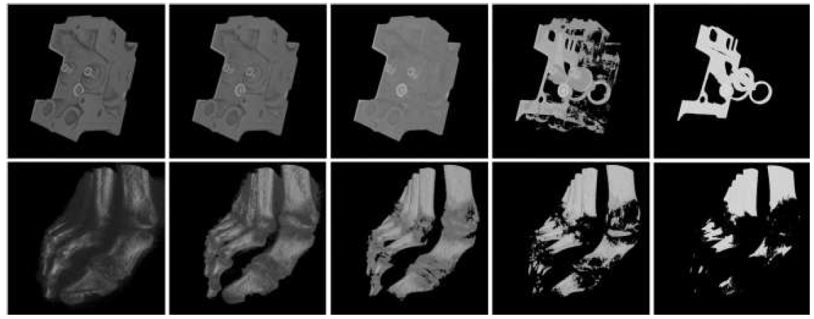 위의 결과 영상은 제안한 기법에서의 각 유효 밀도 값의 범위에 따른 엔진(Engine), 발(Foot) 볼륨 데이터의 결과 영상