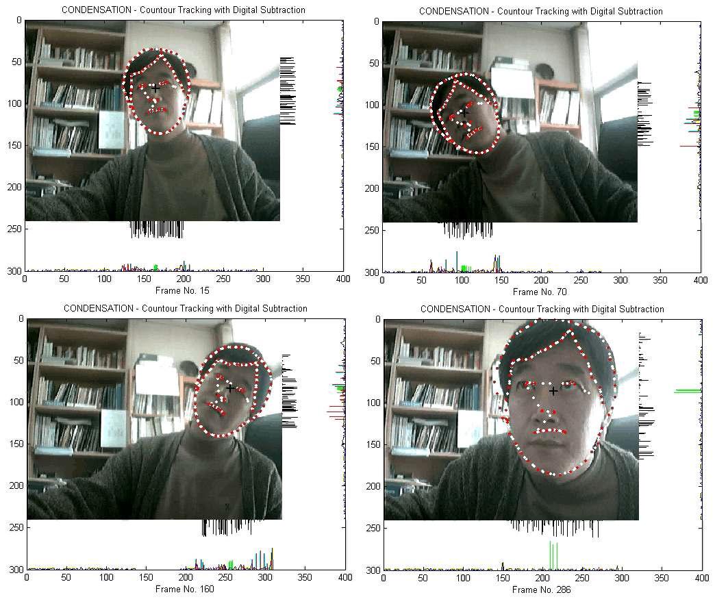 차감 이미지 정보와 피부색 정보를 이용하여 변형 가능한 외곽선으로 구현된 얼굴 추적 실험(N=100)