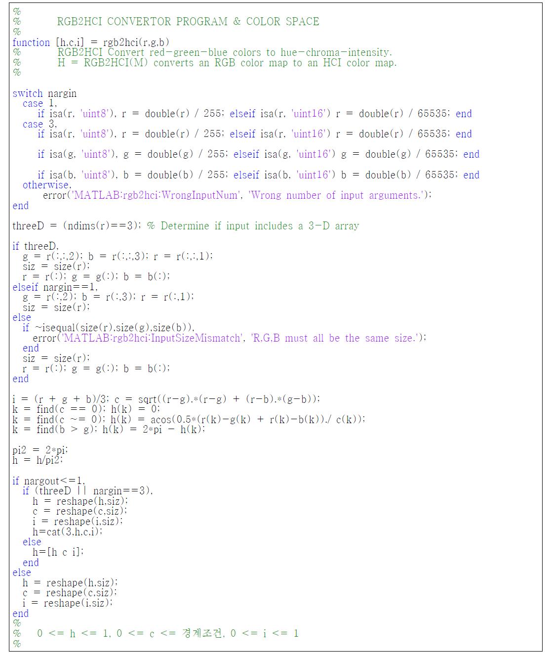 RGB2HCI 컨버터의 MATLAB 함수 라이브러리의 소스코드