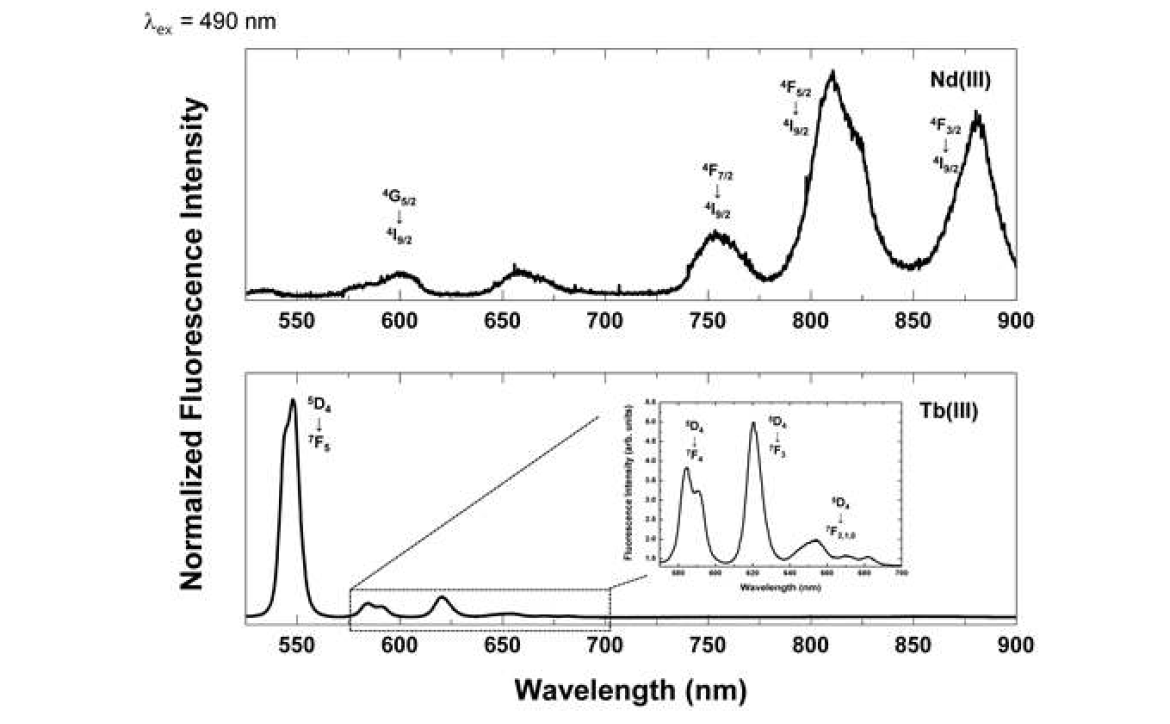 490 nm 광원을 이용하여 측정한 고온(500 oC) LiCl-KCl 용융염 내 Nd(III)와 Tb(III)의 형광스펙트럼