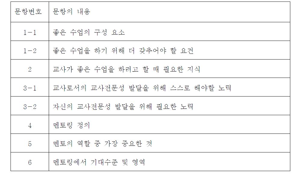 멘토 & 멘티 교사들의 수업에 대한 인식을 조사하기 위한 문항 요소