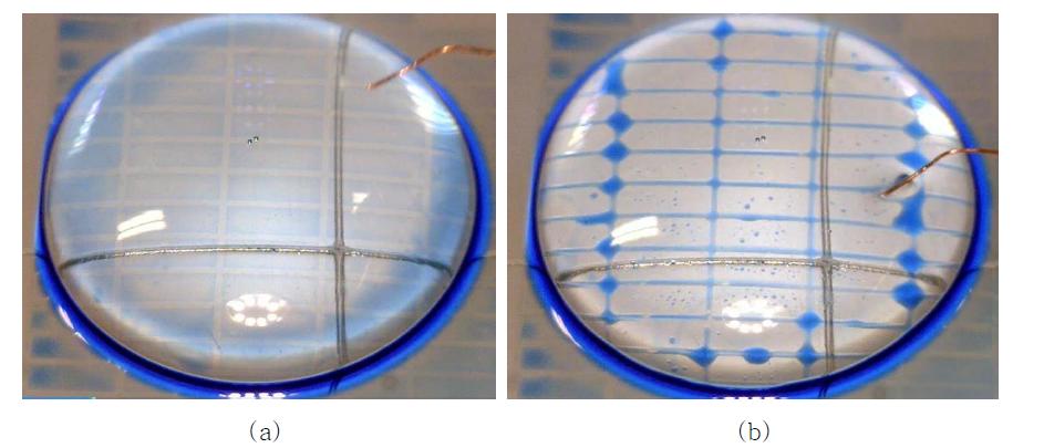 Dodecane 오일과 실리콘 오일을 1:1로 혼합한 오일을 사용한 조건에서 (a)전압 인가 전 상태와 (b)전압 인가 후 상태