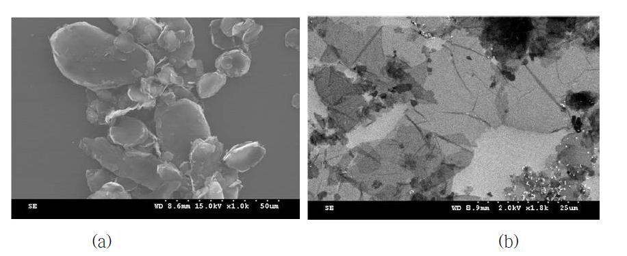 Thermally exfoliated graphite(a)를 이용하여 제조된 graphene oxide(b)의 전자 현미경 미세 조직