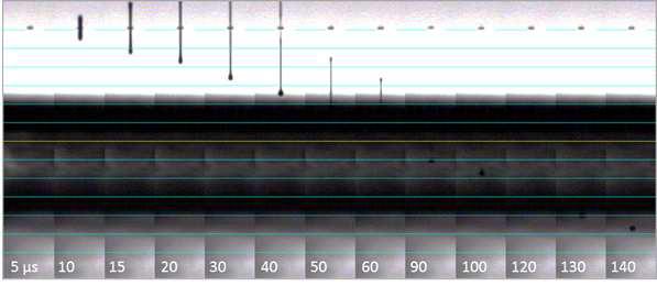 최적화 상태에서의 5 - 140 μs 시간에 따른 젯팅 액적의 디지털 이미지.