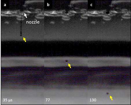 젯팅 후 시간 35-130 μs 사이의 1.0 vol% P3HT 젯팅 액적의 디지털 이미지.