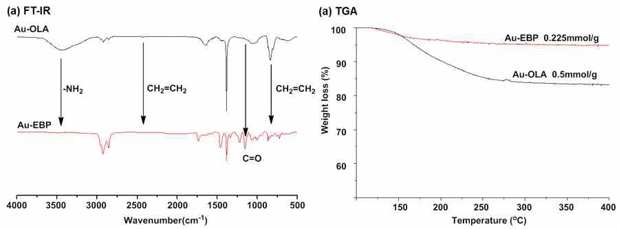 금 나노입자의 EBP-SH 표면개질 전∙후의 (a) FT-IR 및 (b) TGA 결과.