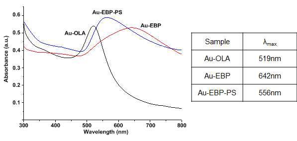 금 나노입자 표면의 OLA와 EBP로 치환 후, 폴리스티렌 그래프팅 후 금 나노입자의 UV-Vis 흡수스펙트럼.