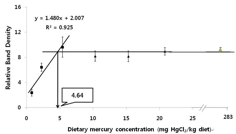 Broken line analysis of metallothionein protein expression in juvenile olive flounder fed the different levels of dietary mercury for 8 weeks
