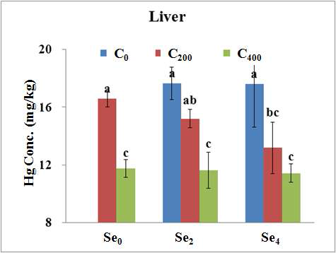 Total Hg concentrations of olive flounder (mean±SD, n=3) fed the experimental diets for 8 weeks in liver tissues
