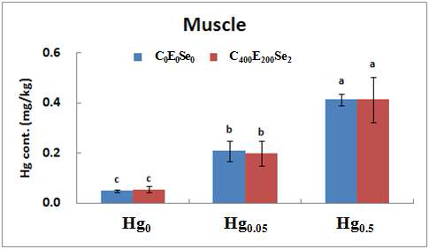 Total Hg concentrations of mouse (mean±SD, n=3) fed the experimental diets for 8 weeks in muscle tissues