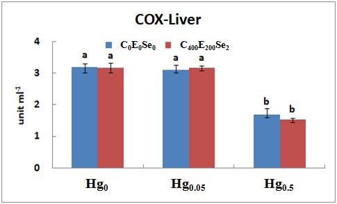 COX activity in mitochondria from liver of mouse (mean±SD, n=3) fed the experimental diets for 8 weeks