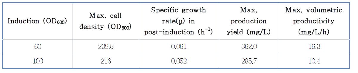유가식 배양에서 induction OD600의 차이에 따른 생산성 비교