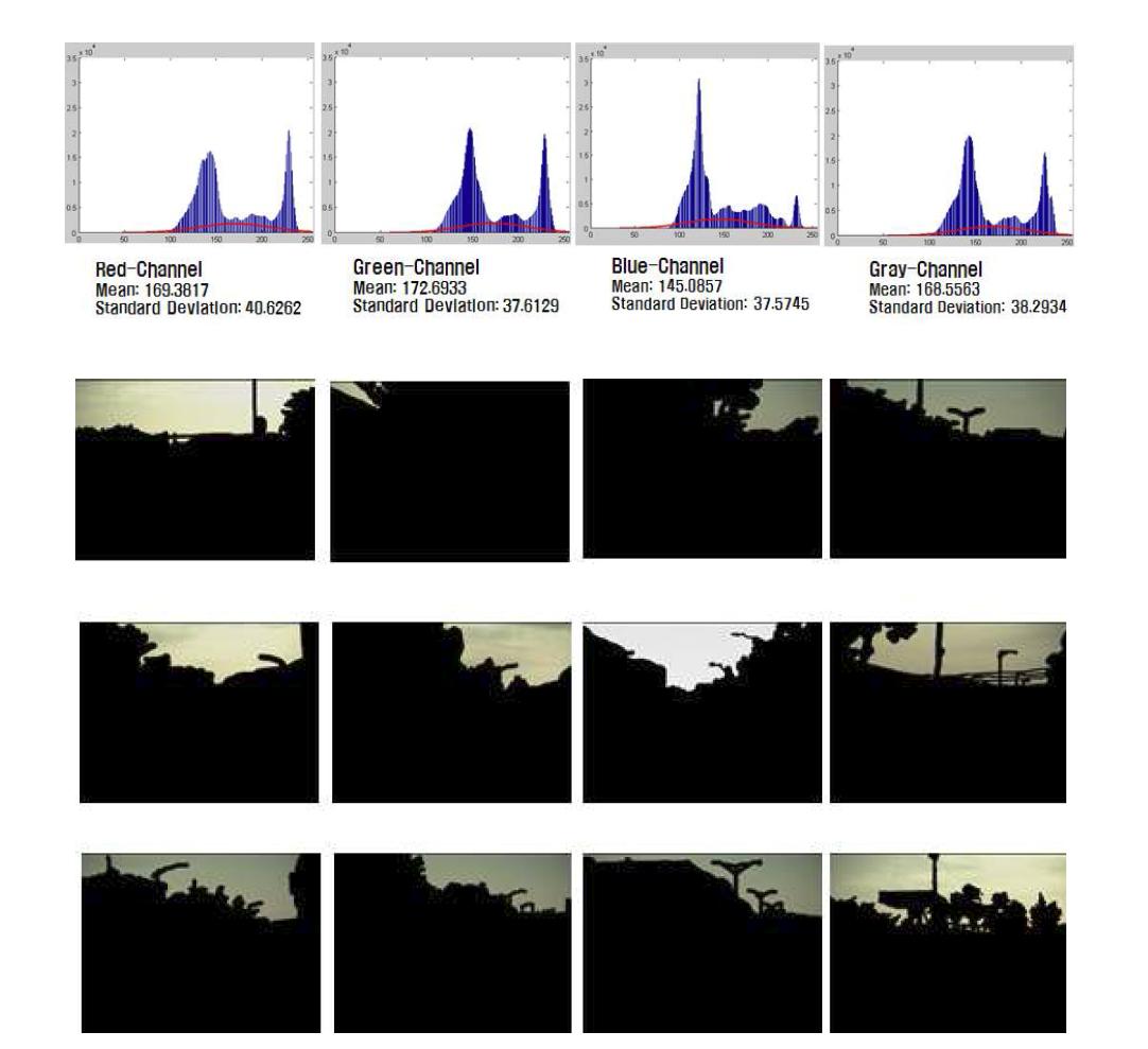 하늘 영역에 대한 RGB, Gray 분포 및 제거 결과