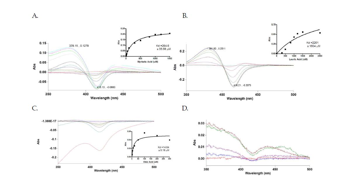 CYP153A3의 fatty acids과 binding titration spectra A. myristic acid, B. lauric acid, C. oleic acid, D. palmitic acid