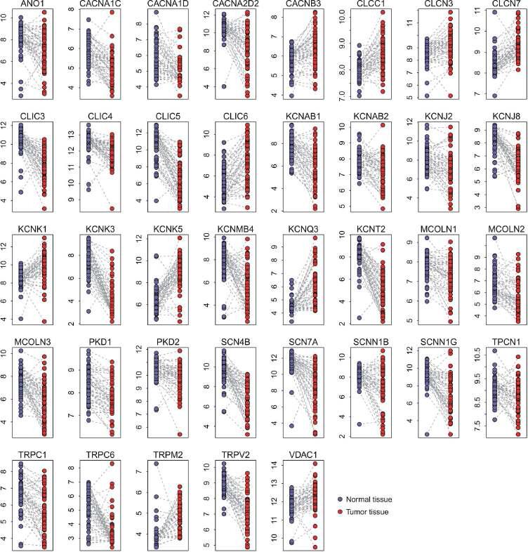The ion channel genes differentially expressed between normal and tumor tissues in the TWN cohort