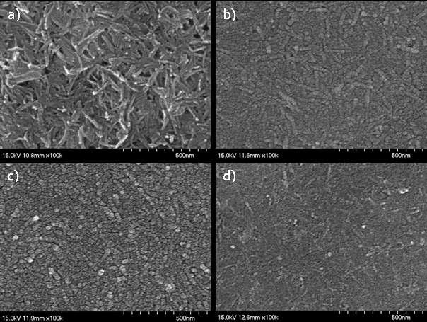 여러가지 열처리 온도에 따른 TiNT/FTO 막의 SEM 이미지 a) as-prepared, b) 500 ℃, c) 550 ℃, d) 600 ℃