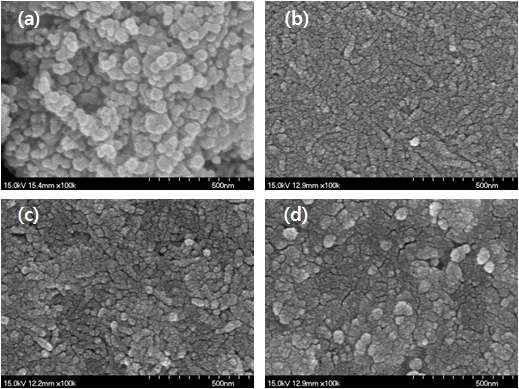 SEM: (a) Fe(NO3)3 분말 500 oC, 10분 열처리, (b) Fe2O3/TiO2/FTO 500 oC, 10분 열처리, (c) Fe담지하고 TiNT를 코팅한 후 500 oC, 10분 열처리 (TiO2/Fe2O3/FTO), (d) TiNT코팅 후 500 oC, 10분 열처리 & Fe 담지후 500 oC, 10분 열처리(Fe2O3/TiO2/FTO)