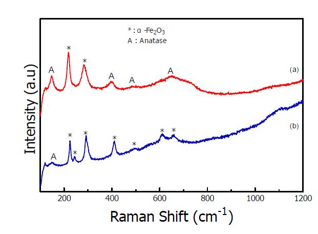 Raman spectrum 관찰 결과; (a) Si-TiO2/Fe(NO3)3·9H2O/TiNT/FTO 막을 500 ℃에서 10분동안 열처리한 막, (b) 500 ℃에서 10분동안 열처리하여 제조된 Fe2O3/TiO2/FTO 막 위에 Si-TiO2를 코 팅하고 200 ℃에서 2시간동안 열처리한 막