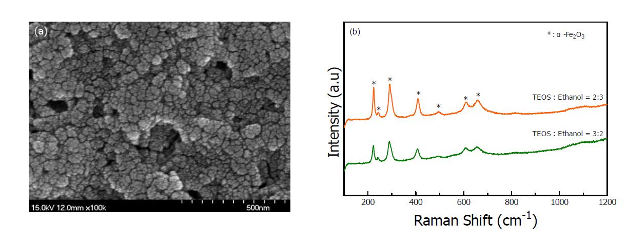 TEOS를 이용한 SiO2/Fe2O3/TiO2/FTO 막; (a) SEM 관찰 결과 (2 : 3), (b) Raman spectrum 측 정 결과