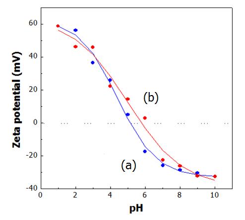 ζ-potential 측정 값 (a) Fe-TiO2, (b) TiO2