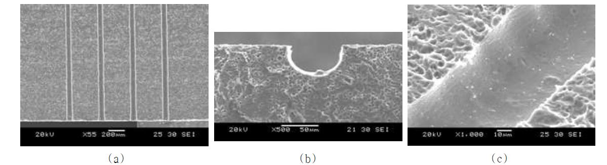 가공된 미세 홈의 SEM 사진 (a) Top view (b) Side view (c) 가공 표면