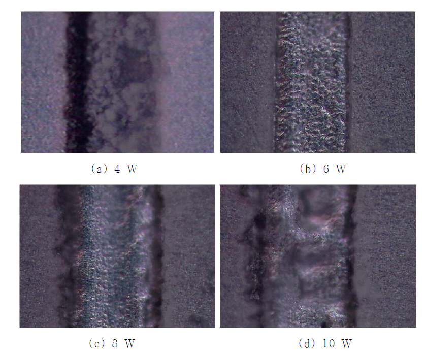 레이저 가공 시 출력에 따른 모재 표면변화의 광학사진