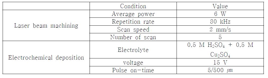 미세 패터닝 시 사용된 레이저 가공-전해증착 조건