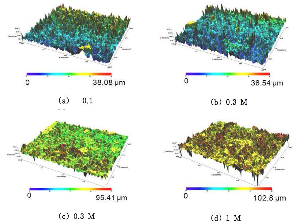 전처리 황산 수용액의 농도에 따른 전해에칭 시 알루미늄 표면 3D surface profile 사진