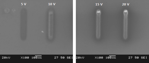 전압에 따른 산화막 마스크의 SEM 사진