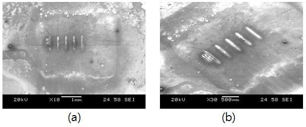 국부화 아노다이징 및 레이저빔 가공의 반복 멀티스텝 공정에 따른 고세장비 미세 홈의 모습