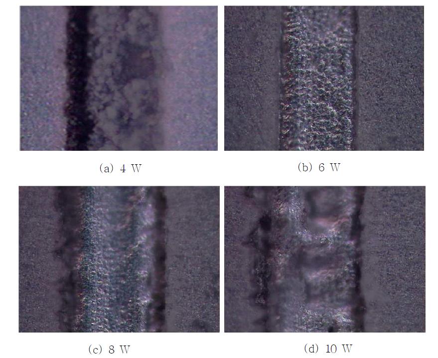 레이저 가공 시 출력에 따른 모재 표면변화의 광학사진