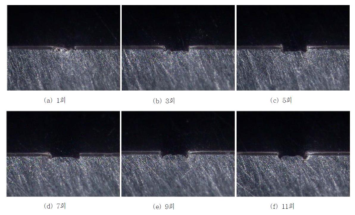 레이저 조사 횟수에 따른 알루미늄 시편의 단면 광학사진