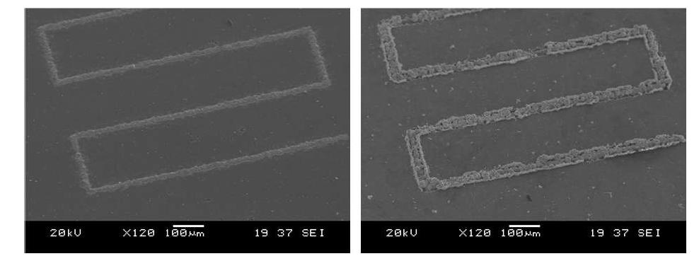 아노다이징 및 레이저빔 가공 후 구리증착하기 전후의 SEM 사진