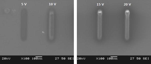전압에 따른 산화막 마스크의 SEM 사진