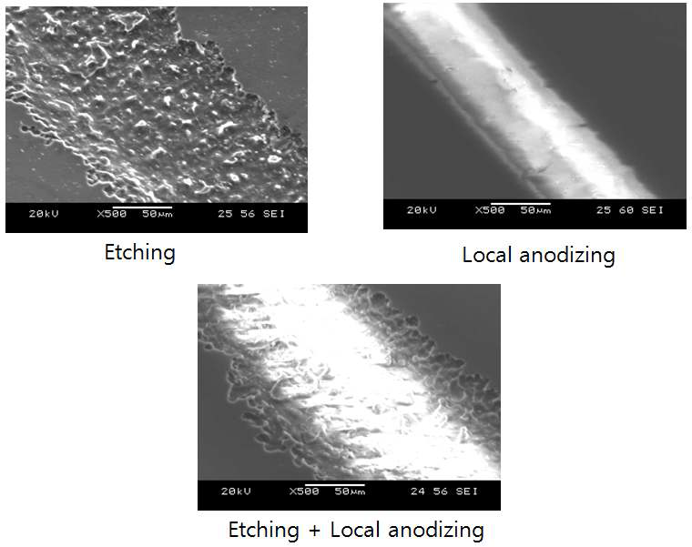 에칭과 국부화 아노다이징 SEM 사진 및 에칭을 이용한 알루미늄 내부 가공후 국부화 아노다이징을 수행한 모습