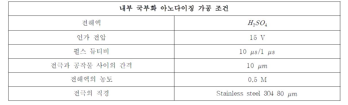 내부 국부화 아노다이징을 수행하기 위해 선정된 국부화 아노다이징 가공 조건