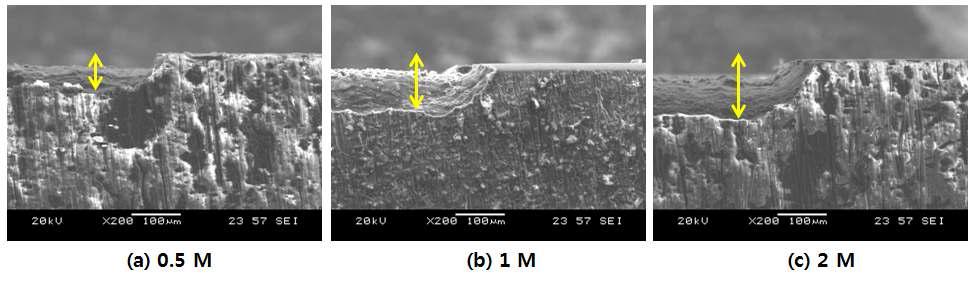 멀티스텝 전해에칭 공정시 사용되는  농도에 따른 가공 깊이 분석 SEM 사진