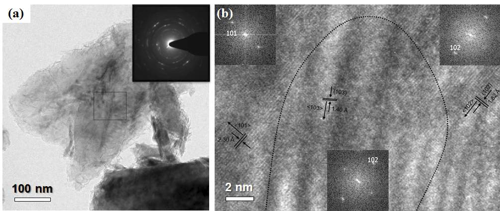 (a) TEM micrographs of a ball-milled and heat treated powder (inset is a SAED pattern), and (b) HR-TEM image of a particle (insets are FFT patterns)