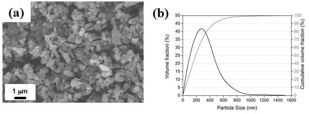 (a) FE-SEM micrograph and (b) powder size distribution of 300 nm Al2O3