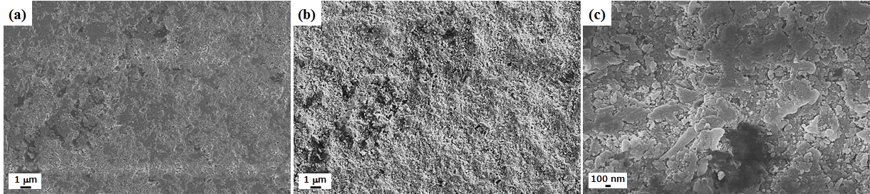 FE-SEM image of (a) AlN coating morphology, (b) SE mode image of (a), and (c) higher magnification image of (a)