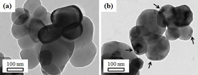 TEM micrographs of TiO2 powders: (a) as-received, and (b) jet-milled (defects indicated by black arrows).
