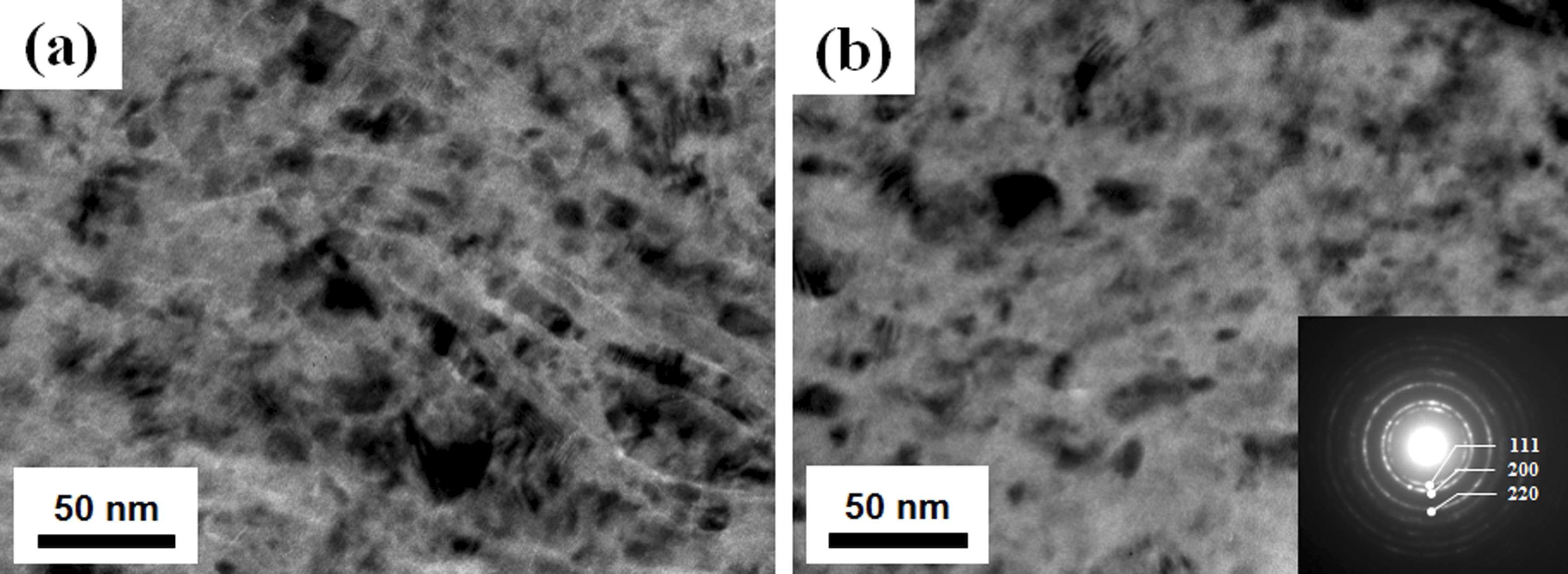 Cross-sectional TEM images of film fabricated under gas flow rate of (a) 3 and (b) 9 L/min.
