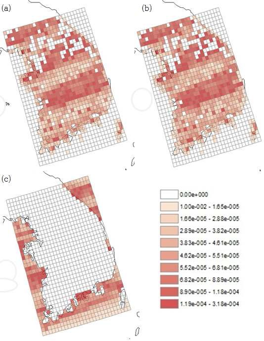 한국 지역 내 BaP의 (a) 지표수 (b) 저토 (c) 해양 중의 농도 분포