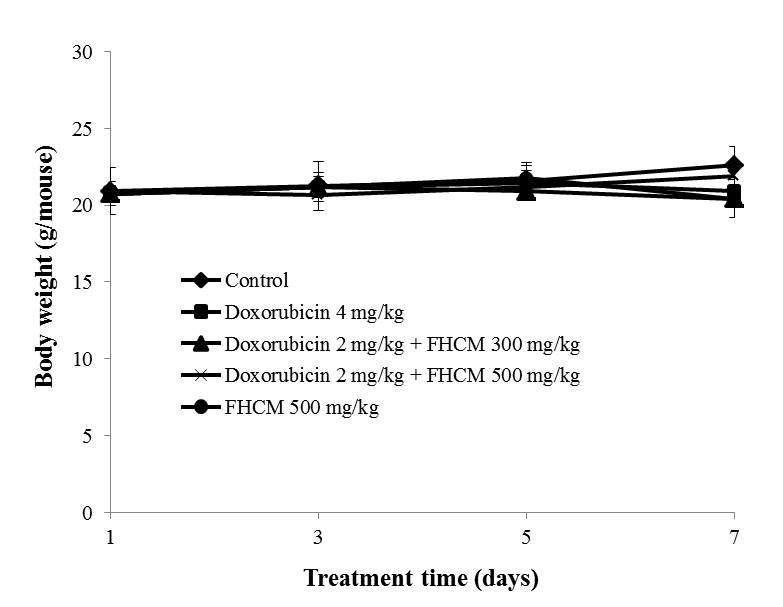 The effects of body weight by co-treatment doxorubicin and HFCM were analyzed in mice.