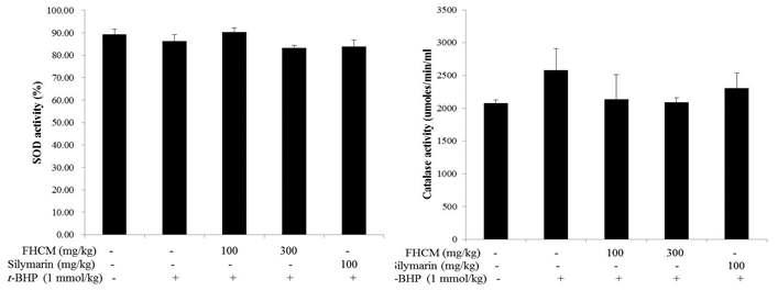 Effects of FHCM extract on SOD activity and catalase activity in t-BHP-treated mice.