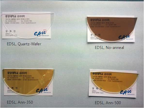 In-situ post-deposition annealing열처리 온도에 따른 (quartz wafer 상에 증착된) CuXO 박막의 사진