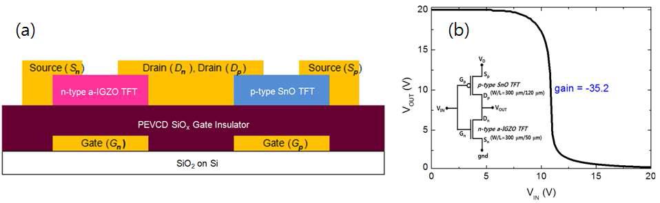 (a) 제작된 p-type SnO TFT와 n-type a-IGZO TFT를 동일 silicon 기판 상에 집적하여 제작한 inverter 회로의 단면도. (b) 제작된 inverter의 출력 곡선 및 schematic diagram.