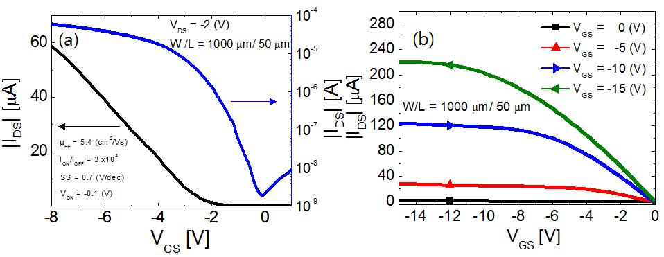 제작된 p-type SnO TFT의 (a) 전달곡선 (transfer curve) 및 추출된 전기적 파라미터와 (b) 출력곡선 (output curve).