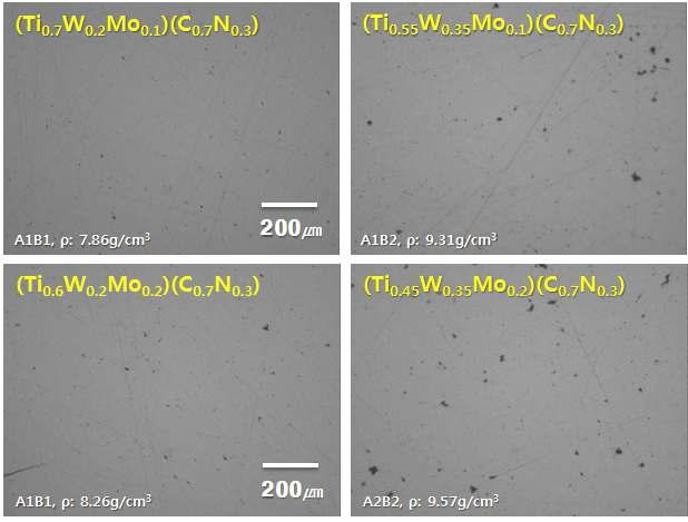 3원계 (Ti,W,Mo)(CN)-Ni 소결체의 SEM 미세구조: Mo와 W mole fraction 각각 0.1-0.2 과 0.2-0.35